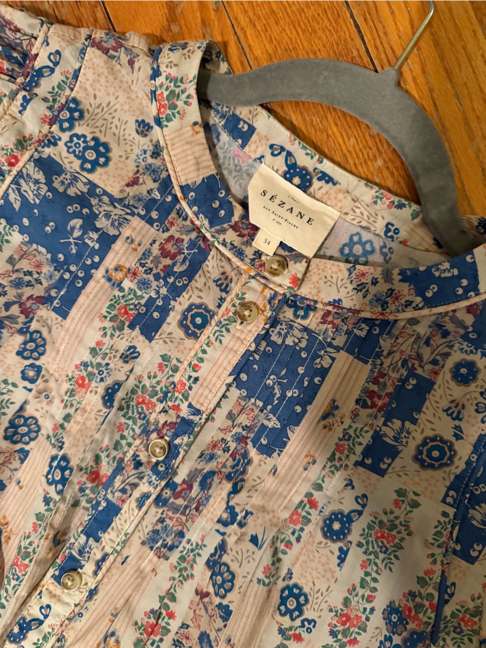 **RARE** Sezane Floral patchwork Button-Front blouse - Blue & Cream